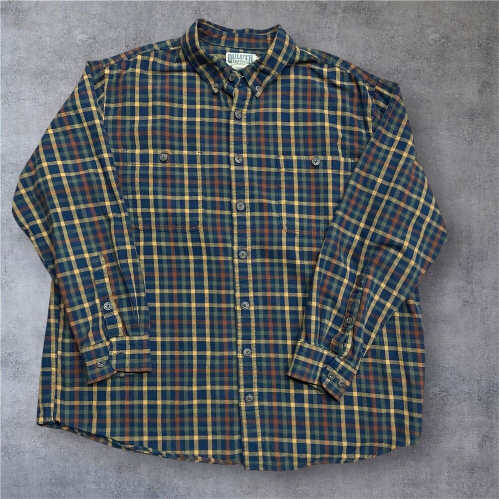 Duluth Trading Co. Button Down Navy Tan Plaid Flannel Shirt Men's Size 2XL